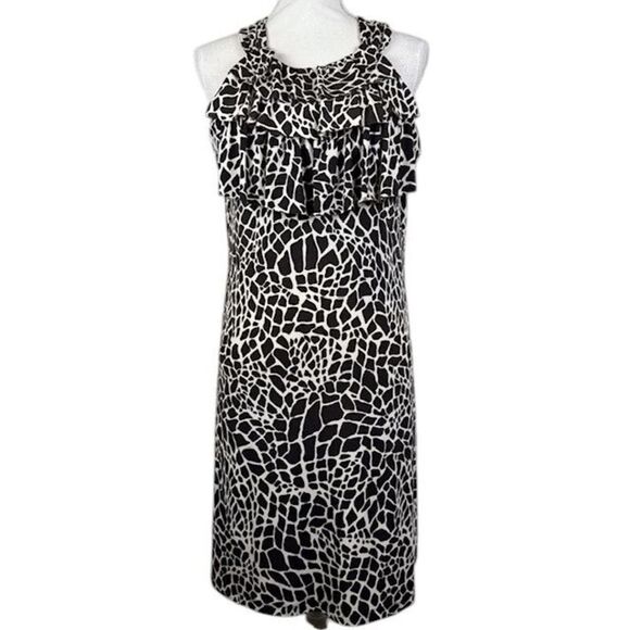Enfocus Studio Giraffe Print Dress Brown Cream Ruffle Front Halter Style Size 12 - Picture 1 of 9